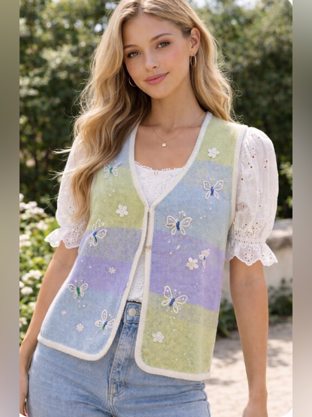 Vintage 90s Mandal Bay Beaded Butterfly Sweater Vest XL Cottagecore Whimsical